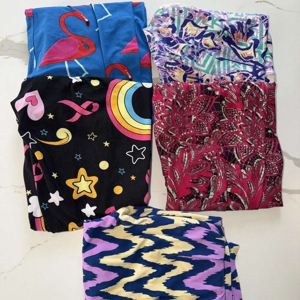 Lot 5 LuLaRoe Tall & Curvy Leggings Floral Geometric Flamingos Stars Hearts EUC - Picture 2 of 12